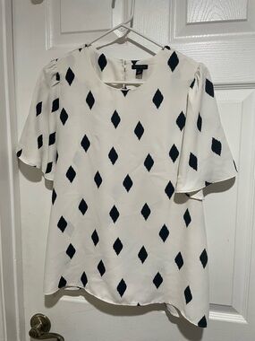 Ann Taylor Cream Blouse with Black Diamond Motif